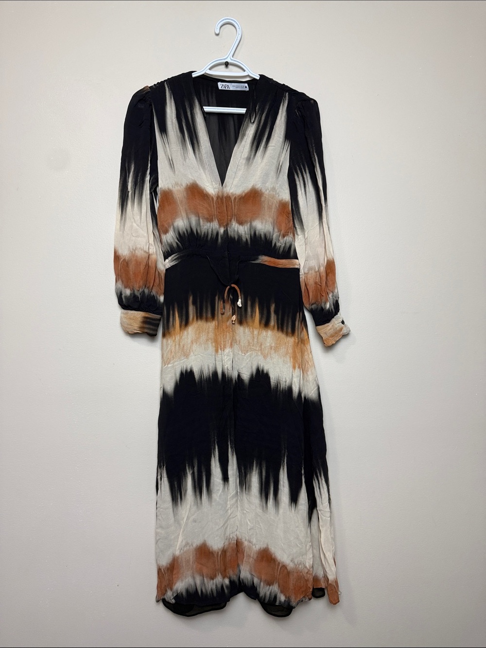 Zara Black, Cream and Brown Tie-Dye Midi Dress size M